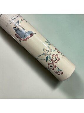 New Old Stock Wallpaper Vintage Blue Pink White Birds Floral 56 Square Feet